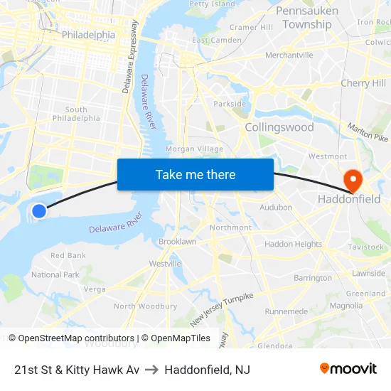 21st St & Kitty Hawk Av to Haddonfield, NJ map