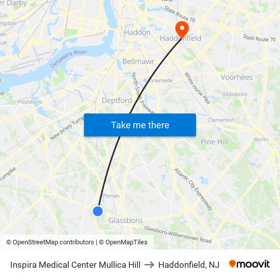 Inspira Medical Center Mullica Hill to Haddonfield, NJ map