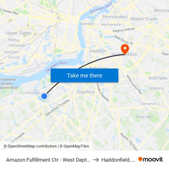 Amazon Fulfillment Ctr - West Deptford to Haddonfield, NJ map