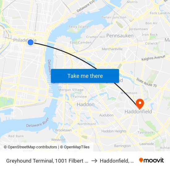 Greyhound Terminal, 1001 Filbert St to Haddonfield, NJ map