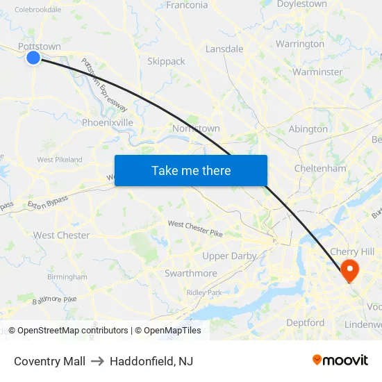 Coventry Mall to Haddonfield, NJ map