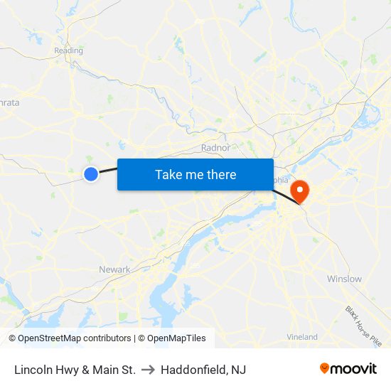 Lincoln Hwy & Main St. to Haddonfield, NJ map