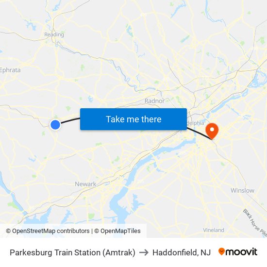 Parkesburg Train Station (Amtrak) to Haddonfield, NJ map