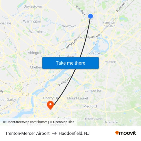 Trenton-Mercer Airport to Haddonfield, NJ map