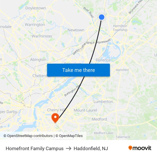 Homefront Family Campus to Haddonfield, NJ map