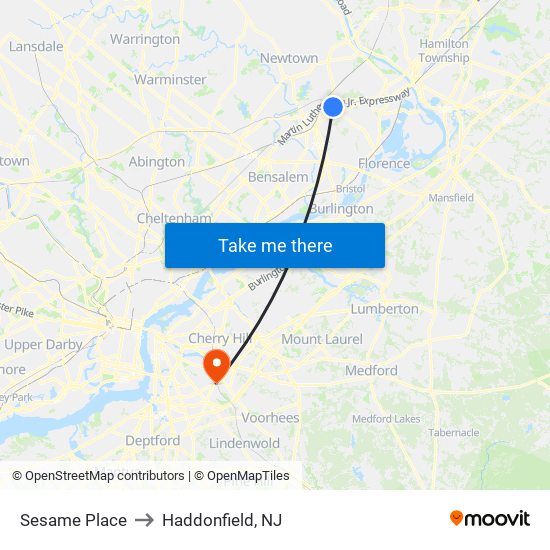 Sesame Place to Haddonfield, NJ map