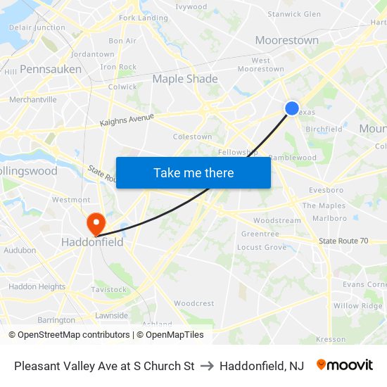 Pleasant Valley Ave at S Church St to Haddonfield, NJ map