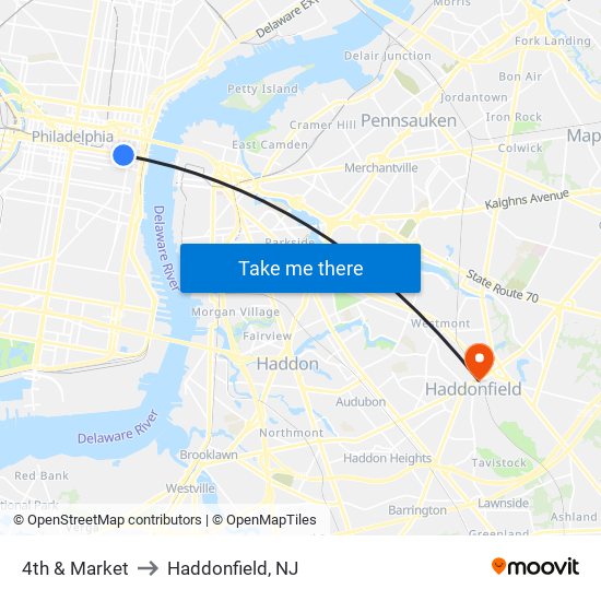 4th & Market to Haddonfield, NJ map