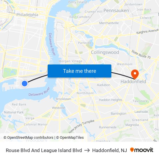 Rouse Blvd And League Island Blvd to Haddonfield, NJ map