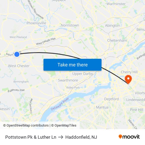 Pottstown Pk & Luther Ln to Haddonfield, NJ map