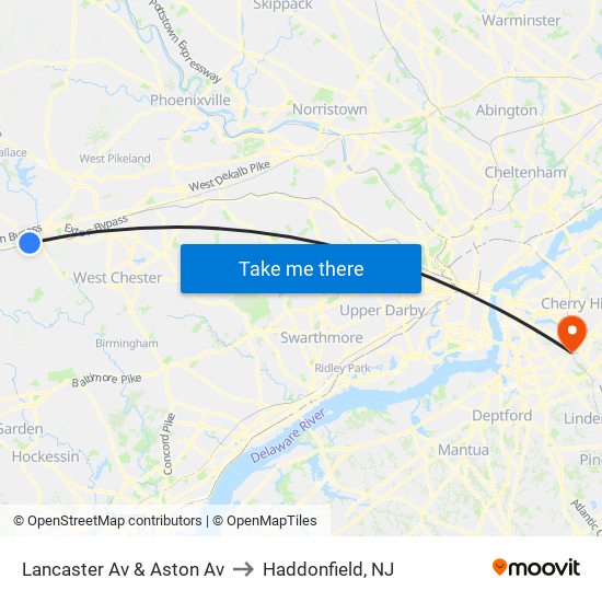 Lancaster Av & Aston Av to Haddonfield, NJ map