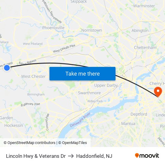 Lincoln Hwy & Veterans Dr to Haddonfield, NJ map