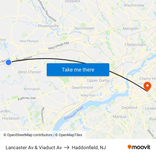 Lancaster Av & Viaduct Av to Haddonfield, NJ map