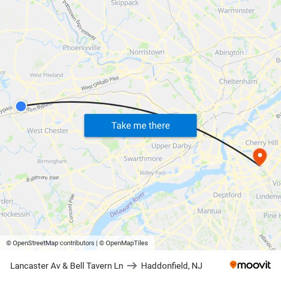 Lancaster Av & Bell Tavern Ln to Haddonfield, NJ map