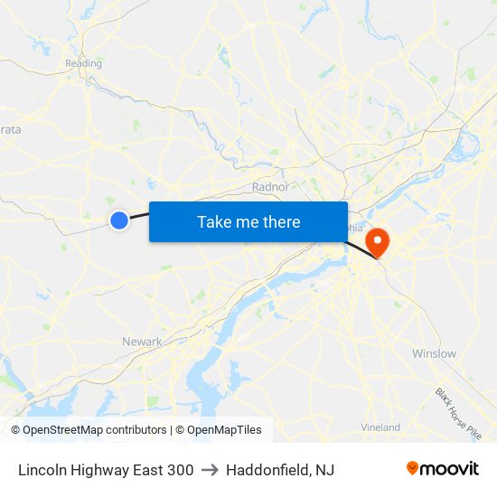 Lincoln Highway East 300 to Haddonfield, NJ map