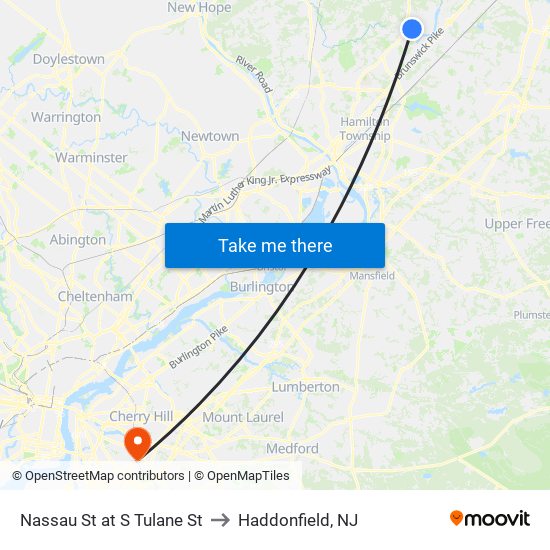 Nassau St at S Tulane St to Haddonfield, NJ map