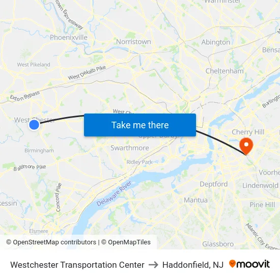 Westchester Transportation Center to Haddonfield, NJ map