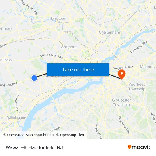 Wawa to Haddonfield, NJ map