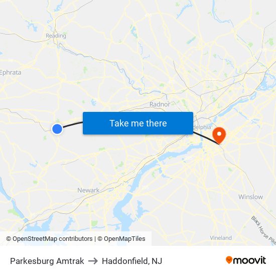 Parkesburg Amtrak to Haddonfield, NJ map