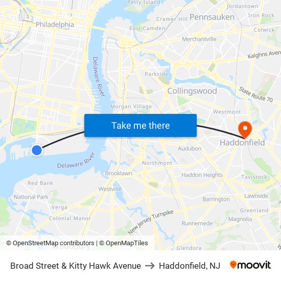 Broad Street & Kitty Hawk Avenue to Haddonfield, NJ map