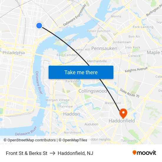 Front St & Berks St to Haddonfield, NJ map