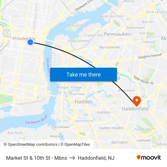 Market St & 10th St  - Mbns to Haddonfield, NJ map