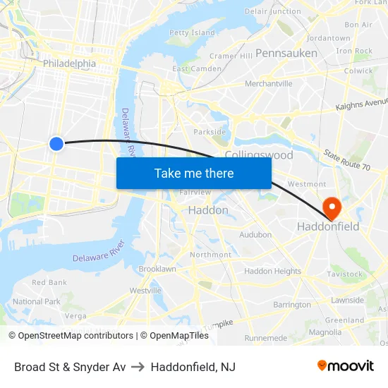 Broad St & Snyder Av to Haddonfield, NJ map