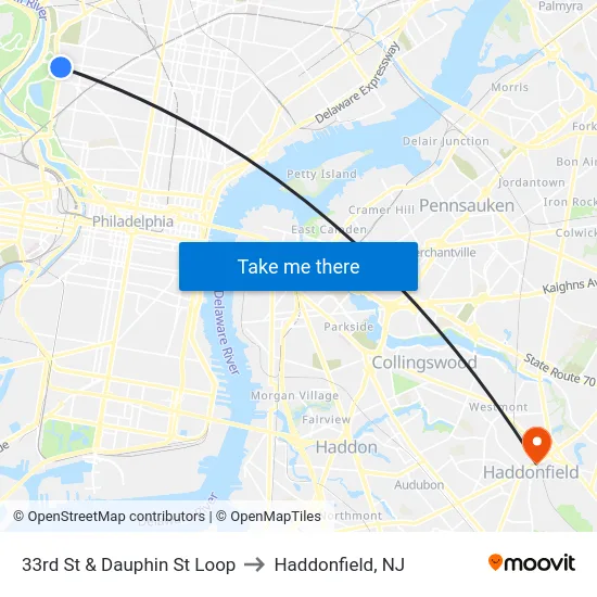 33rd St & Dauphin St Loop to Haddonfield, NJ map