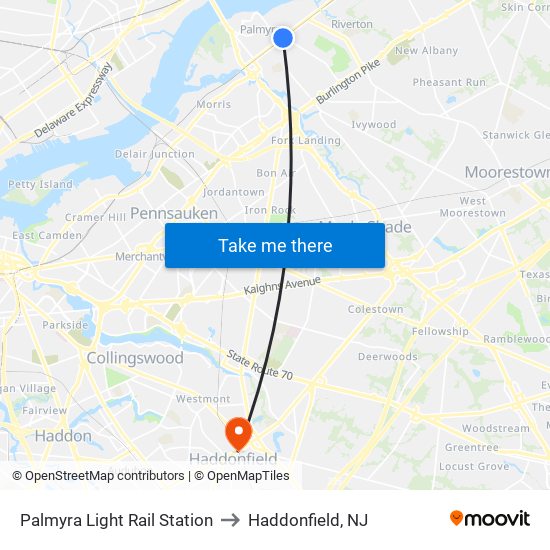 Palmyra Light Rail Station to Haddonfield, NJ map