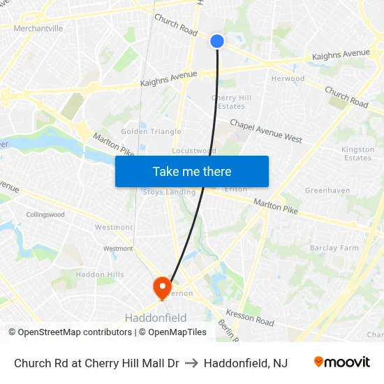 Church Rd at Cherry Hill Mall Dr to Haddonfield, NJ map