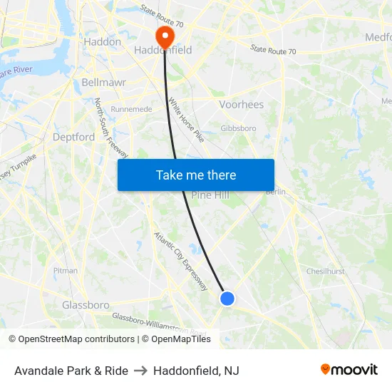Avandale Park & Ride to Haddonfield, NJ map