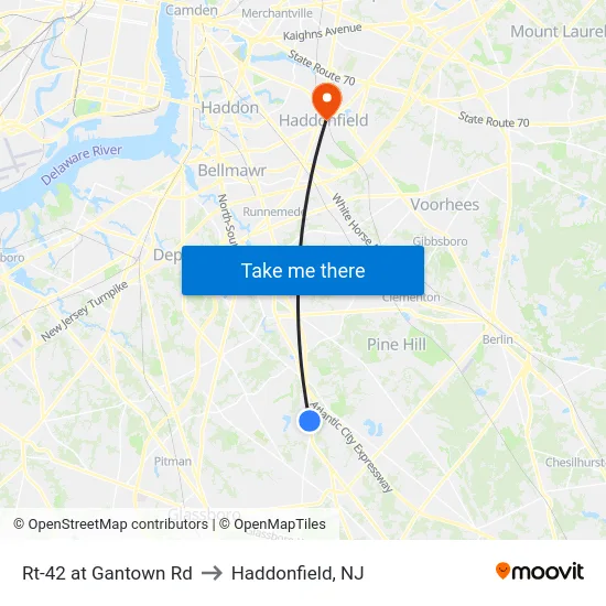 Rt-42 at Gantown Rd to Haddonfield, NJ map