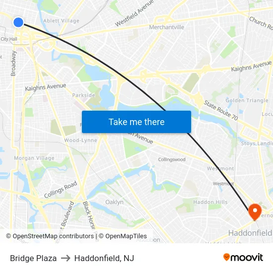 Bridge Plaza to Haddonfield, NJ map