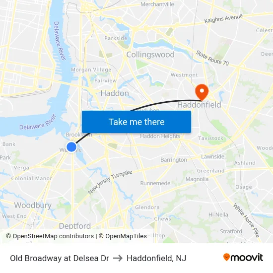 Old Broadway at Delsea Dr to Haddonfield, NJ map