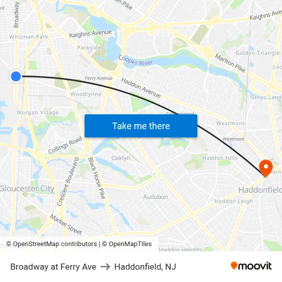 Broadway at Ferry Ave to Haddonfield, NJ map