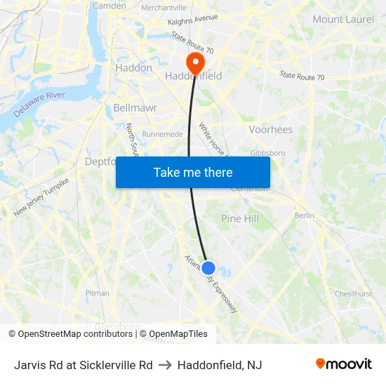 Jarvis Rd at Sicklerville Rd to Haddonfield, NJ map