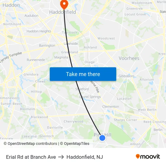 Erial Rd at Branch Ave to Haddonfield, NJ map