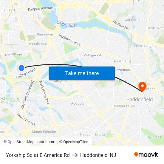 Yorkship Sq at E America Rd to Haddonfield, NJ map