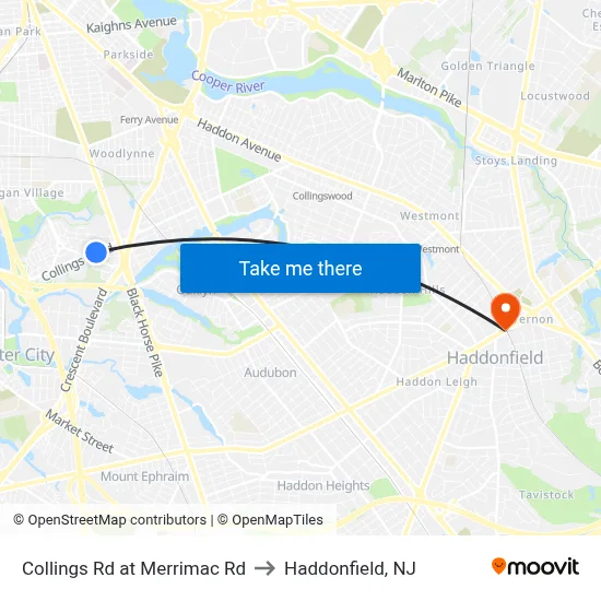 Collings Rd at Merrimac Rd to Haddonfield, NJ map