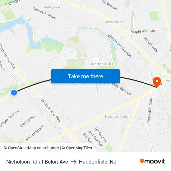 Nicholson Rd at Beloit Ave to Haddonfield, NJ map