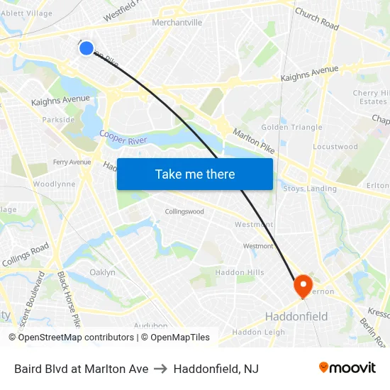 Baird Blvd at Marlton Ave to Haddonfield, NJ map