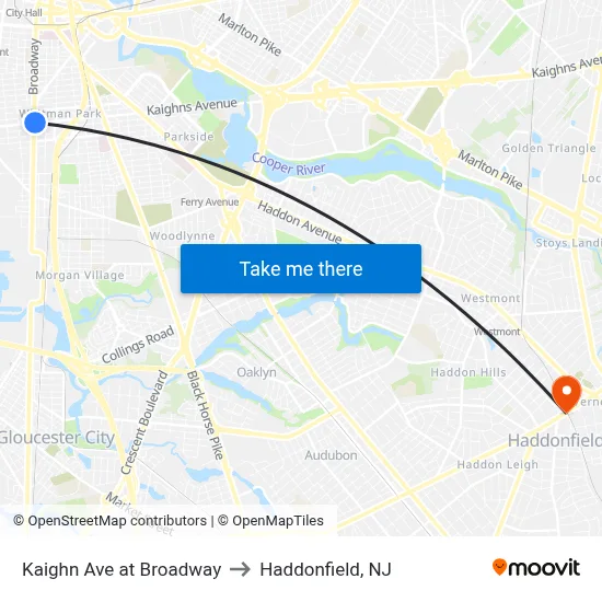 Kaighn Ave at Broadway to Haddonfield, NJ map