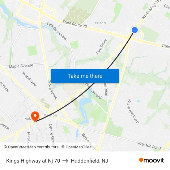 Kings Highway at Nj 70 to Haddonfield, NJ map