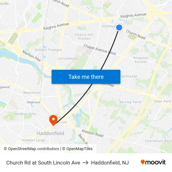 Church Rd at South Lincoln Ave to Haddonfield, NJ map