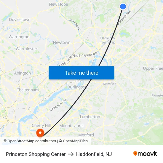 Princeton Shopping Center to Haddonfield, NJ map
