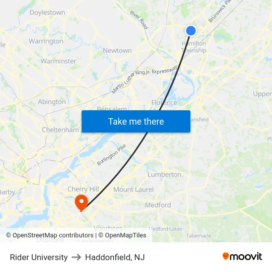 Rider University to Haddonfield, NJ map