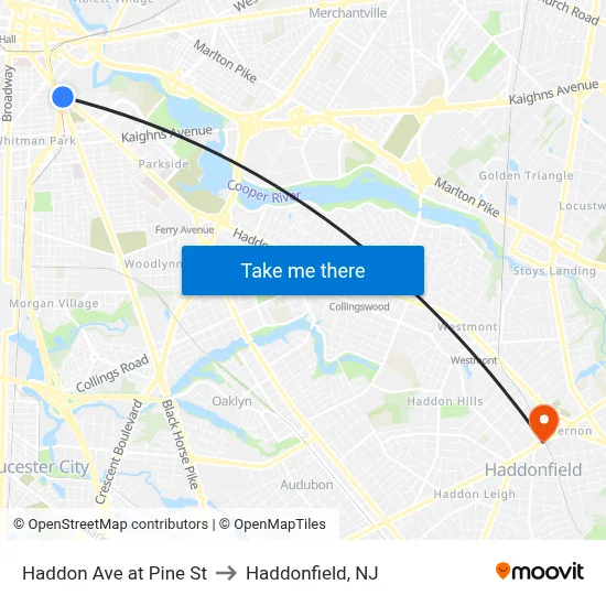 Haddon Ave at Pine St to Haddonfield, NJ map
