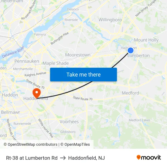 Rt-38 at Lumberton Rd to Haddonfield, NJ map