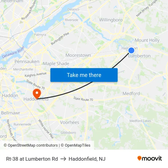 Rt-38 at Lumberton Rd to Haddonfield, NJ map