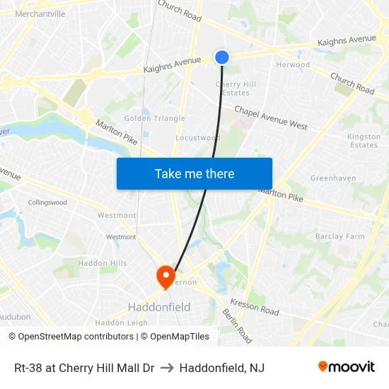 Rt-38 at Cherry Hill Mall Dr to Haddonfield, NJ map